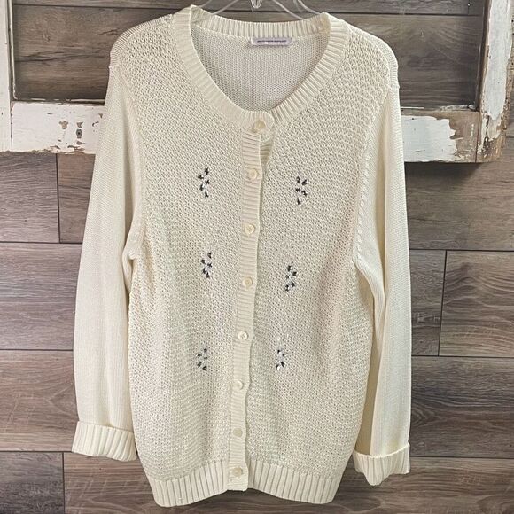 ALLISON DALEY Womens Cream Sweater Button Front Rhinestone Open Knit Front Fancy - Picture 2 of 10